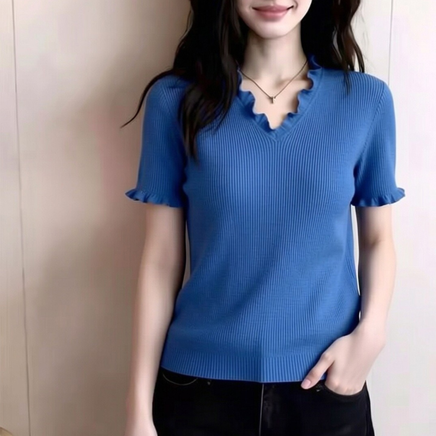 簡約風藍色V領花邊針織衫女2026夏季新款短袖寬松百搭上衣得體風