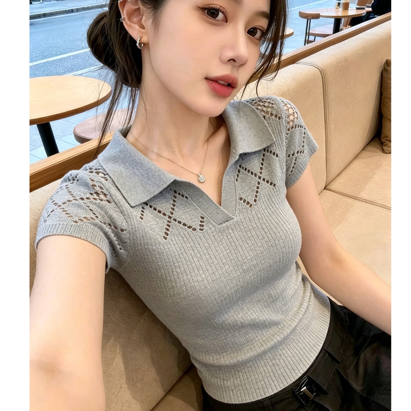 韓系高級感灰色Polo領針織短袖女夏季新款鏤空設計感獨特氣質上衣