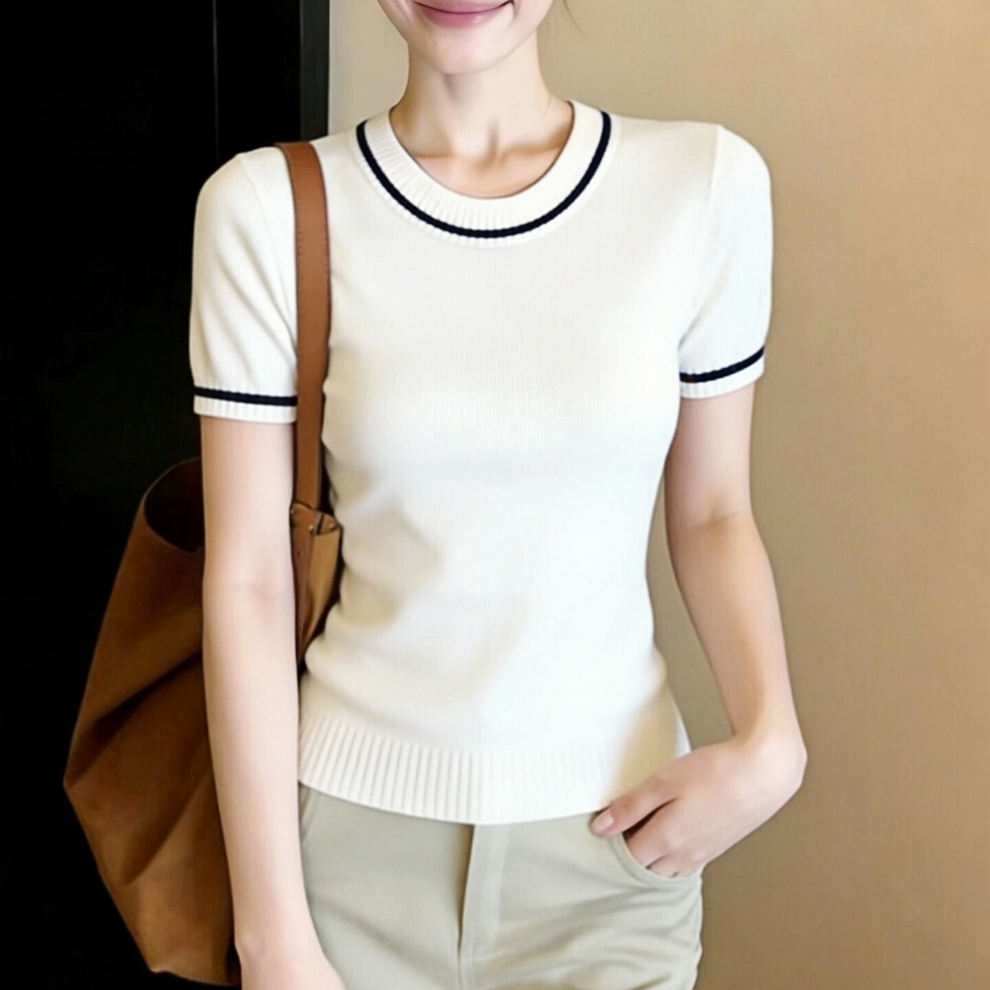 白色短袖針織衫女裝春裝2026新款夏季設計感撞色早春獨特漂亮上衣