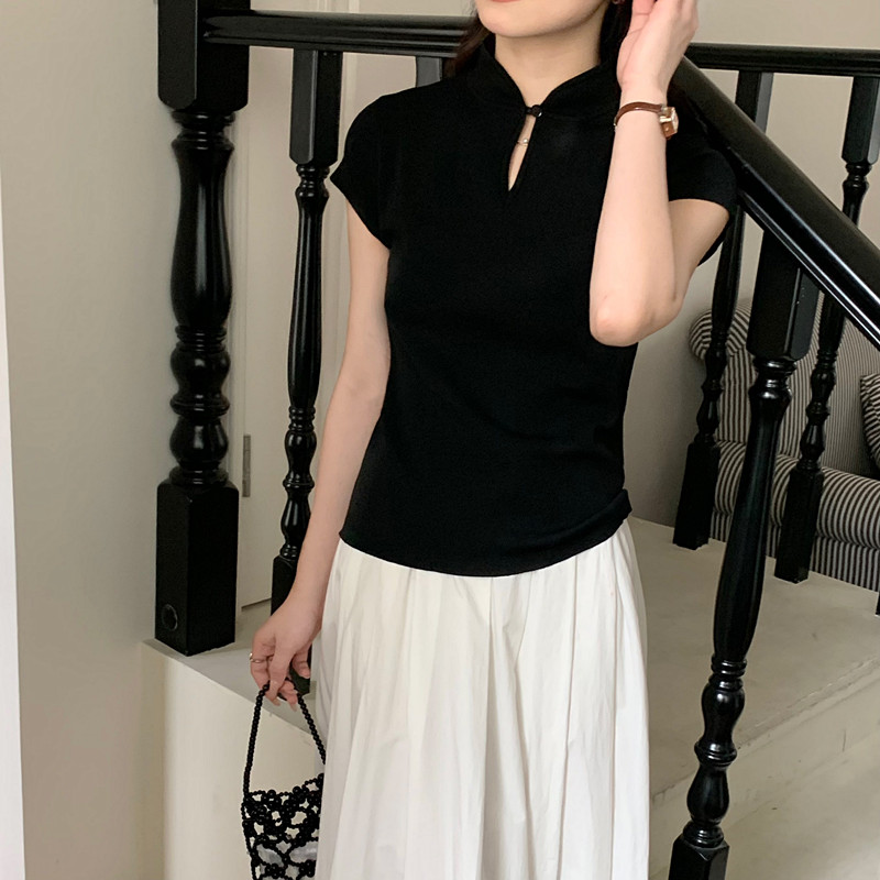 新中式國風盤扣黑色立領正肩針織短袖T恤女夏修身小飛袖辣妹上衣