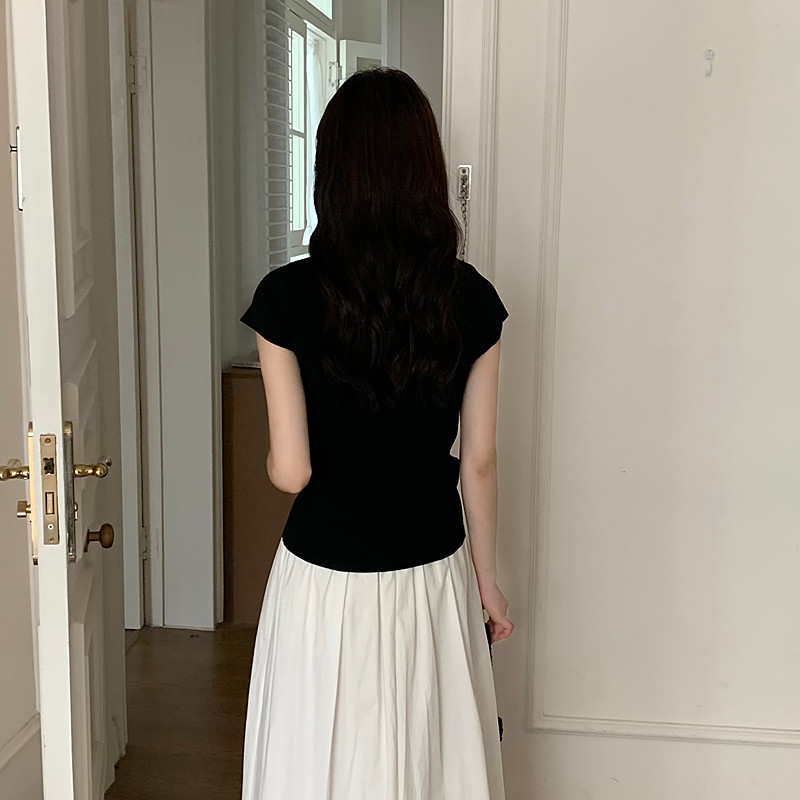 新中式國風盤扣黑色立領正肩針織短袖T恤女夏修身小飛袖辣妹上衣