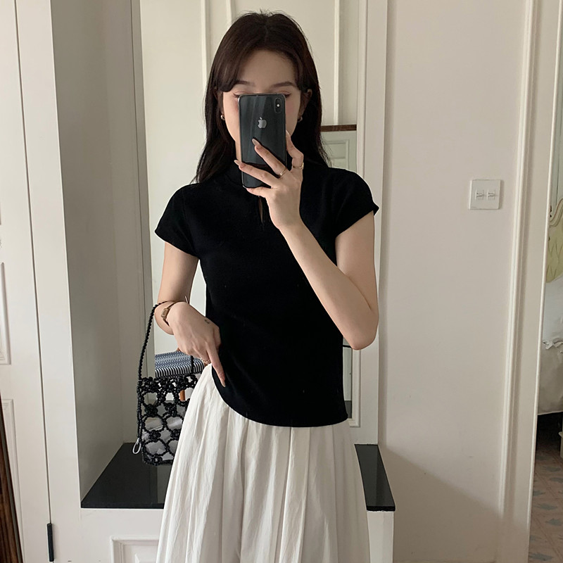 新中式國風盤扣黑色立領正肩針織短袖T恤女夏修身小飛袖辣妹上衣