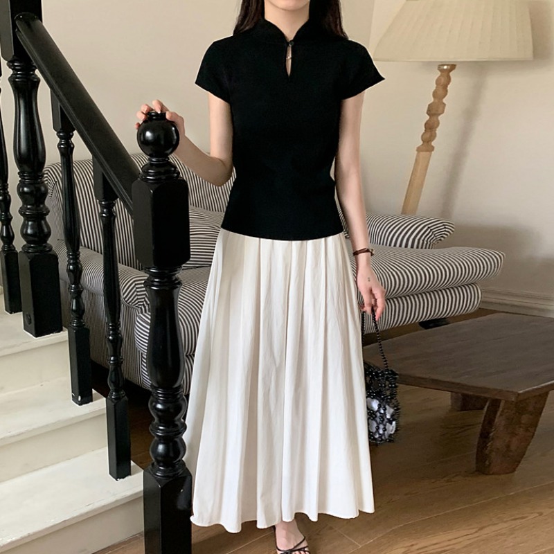 新中式國風盤扣黑色立領正肩針織短袖T恤女夏修身小飛袖辣妹上衣