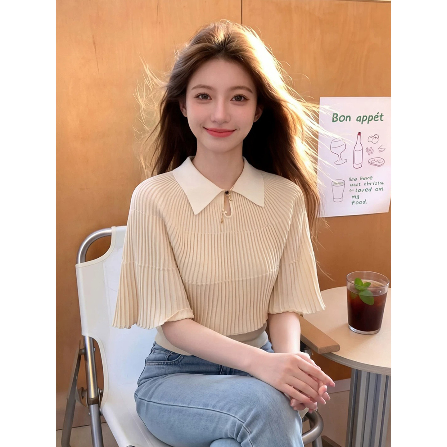 法式斗篷式壓褶翻領短袖t恤女夏季獨特漂亮寬松外穿顯瘦針織上衣