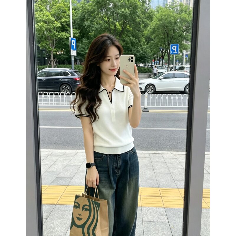 獨特漂亮超好看上衣女2026年夏季新款氣質翻領撞色邊短袖針織衫女