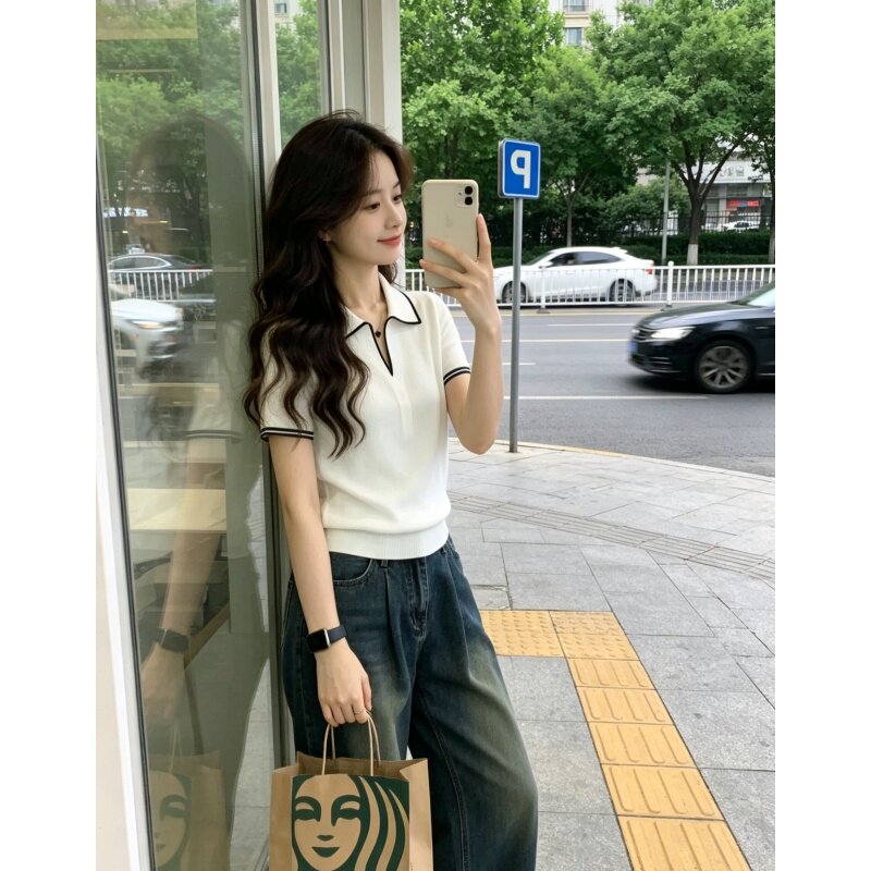 獨特漂亮超好看上衣女2026年夏季新款氣質翻領撞色邊短袖針織衫女