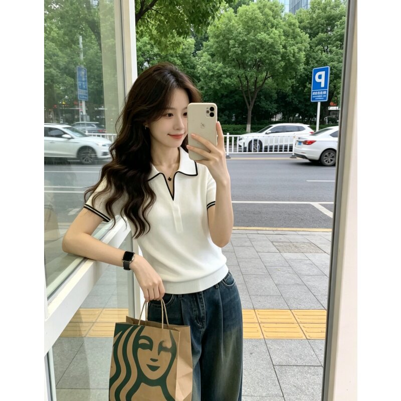 獨特漂亮超好看上衣女2026年夏季新款氣質翻領撞色邊短袖針織衫女