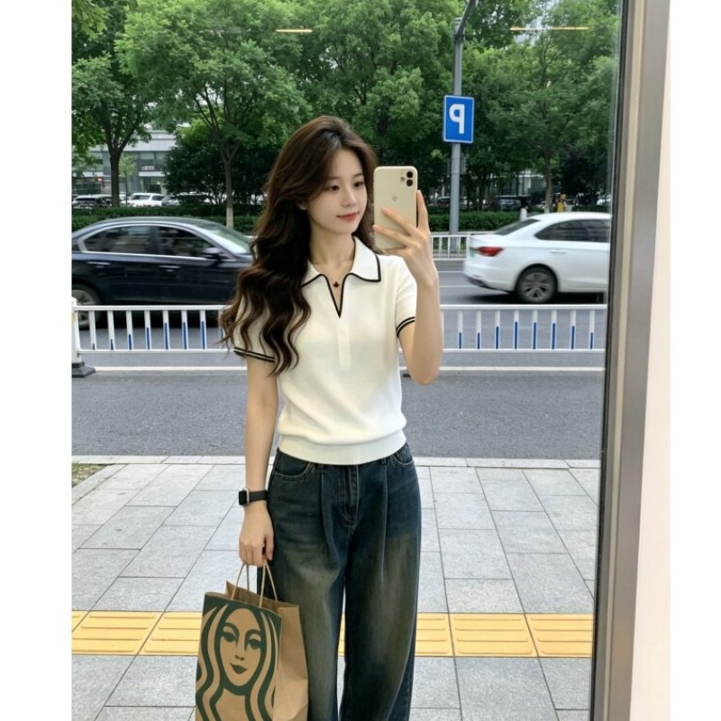 獨特漂亮超好看上衣女2026年夏季新款氣質翻領撞色邊短袖針織衫女