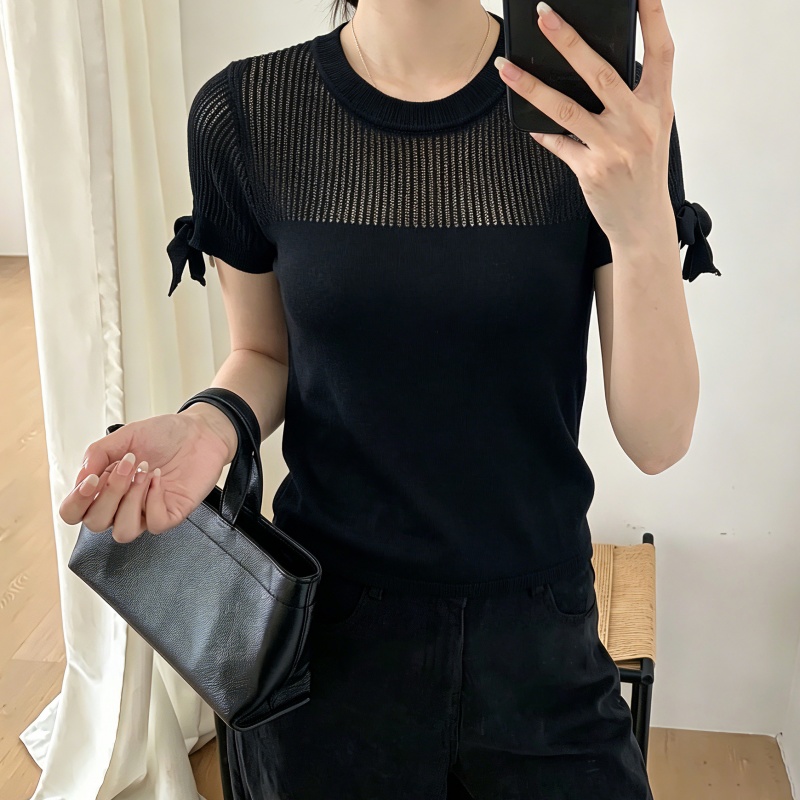 巨辣鏤空蝴蝶結新款針織T恤女春夏季超火小眾不撞款修身短袖上衣