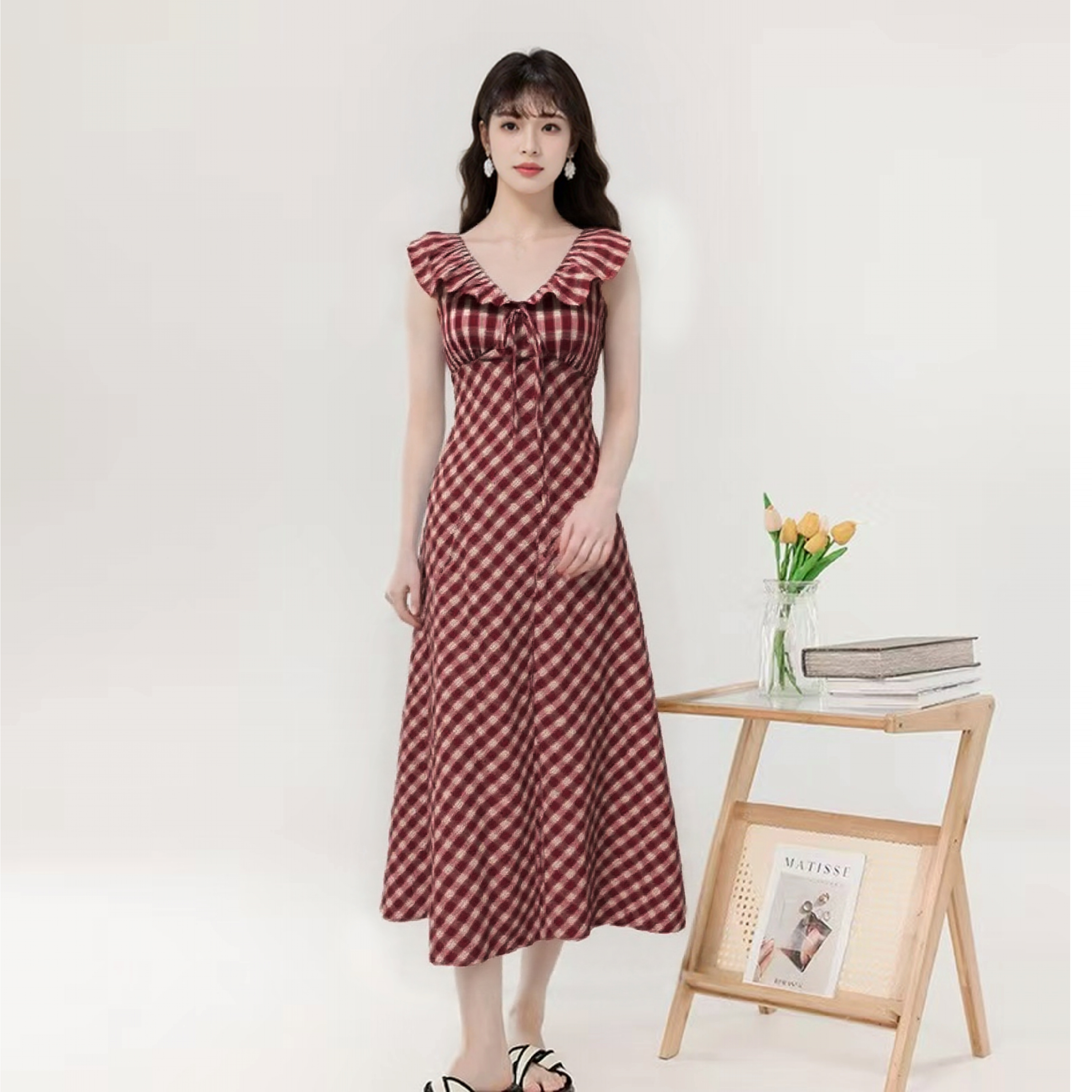 MY7597# 复古法式无袖红格子连衣裙女夏新款独特漂亮掐腰裙子气质长裙A摆女裝貨源服裝批發