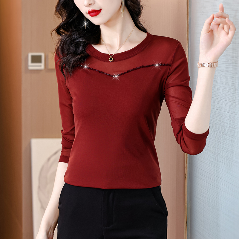 MY17749# 网纱手工钉珠修身显瘦洋气打底衫上衣T恤女裝貨源服裝批發