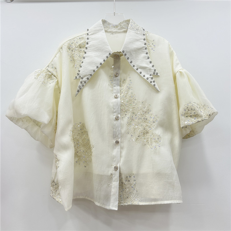 法式輕奢重工鑲鉆尖領燈籠袖襯衫女時尚亮片刺繡單排扣開衫女上衣