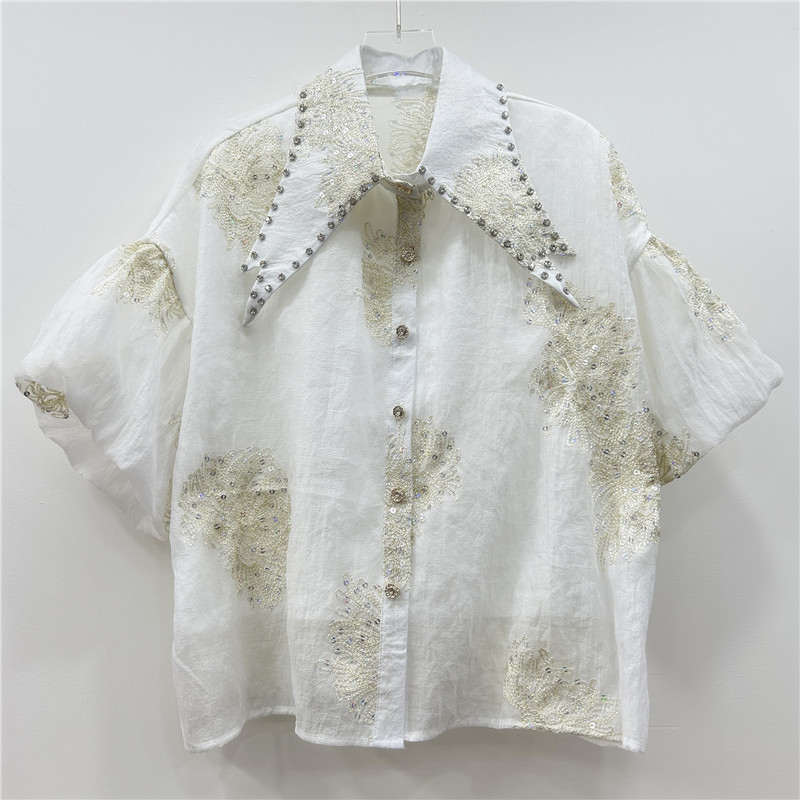 法式輕奢重工鑲鉆尖領燈籠袖襯衫女時尚亮片刺繡單排扣開衫女上衣