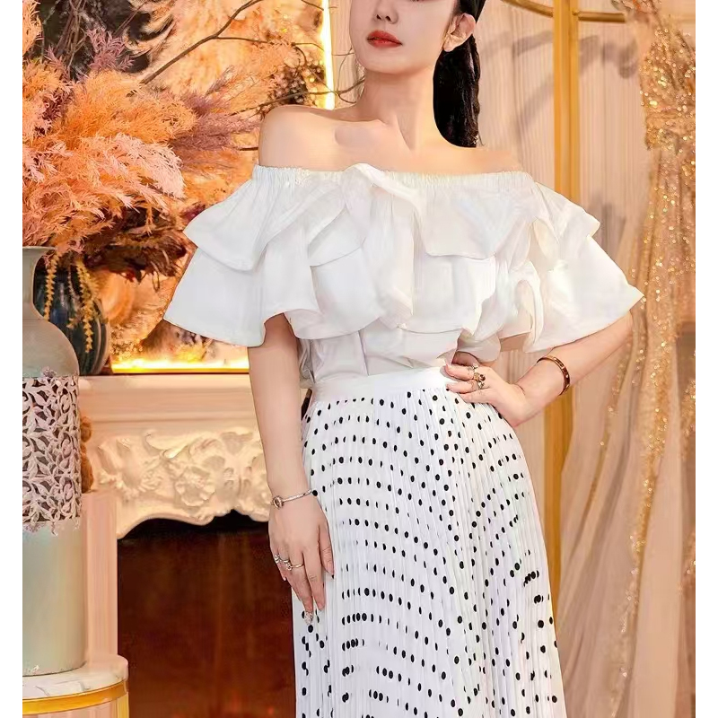 網紅荷葉邊鎖骨一字肩上衣女夏短袖高級感針織修身韓國露肩棉T恤