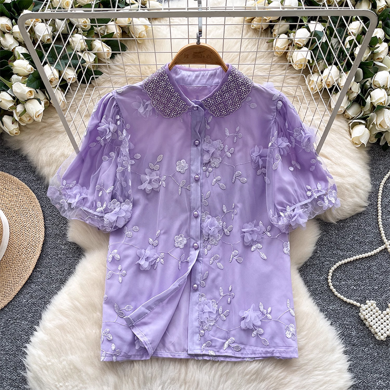 法式復古風泡泡袖襯衫女夏季網紗刺繡寬松設計輕奢溫柔氛圍感上衣