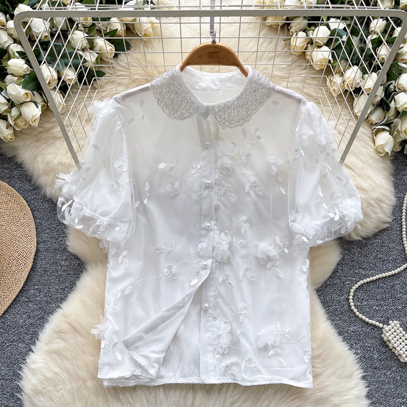 法式復古風泡泡袖襯衫女夏季網紗刺繡寬松設計輕奢溫柔氛圍感上衣