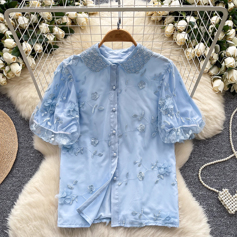 法式復古風泡泡袖襯衫女夏季網紗刺繡寬松設計輕奢溫柔氛圍感上衣