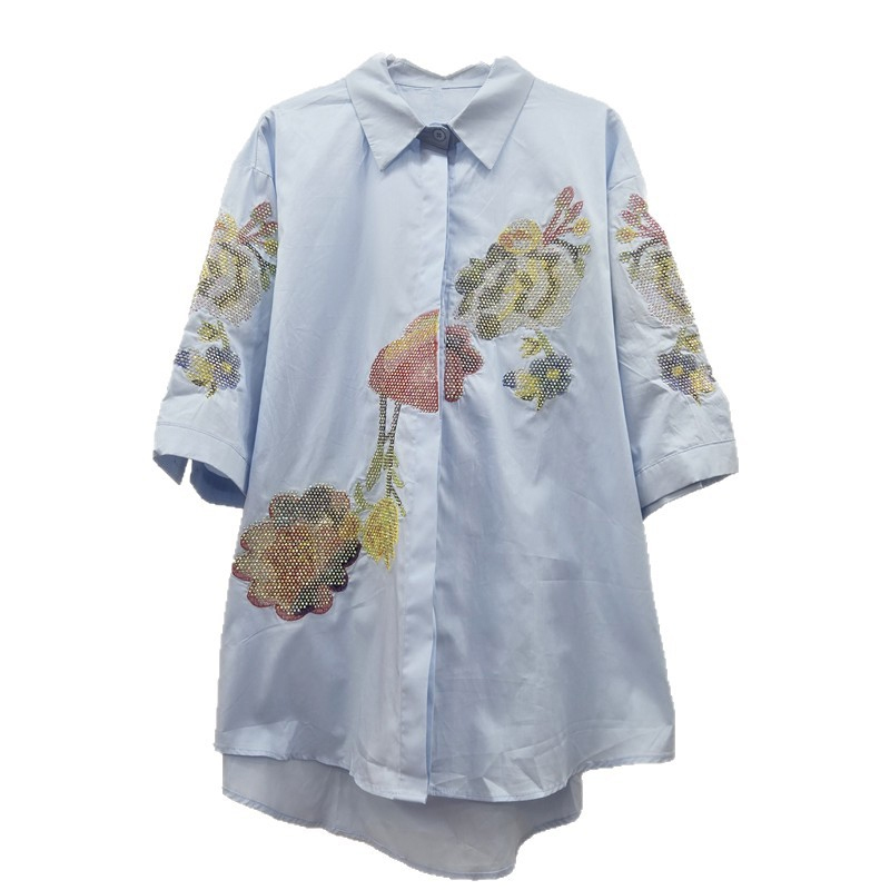 歐洲站2025新刺印花燙鉆A字版大擺寬松休閑襯衫女短袖碎花襯衣