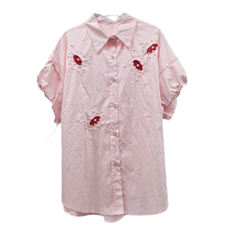 法式2025夏季新款重工紅唇刺繡釘珠設計感寬松百搭女短袖上衣襯衫