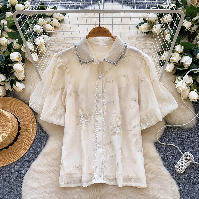 法式重工釘珠鑲鉆polo領燈籠袖上衣女夏季百搭別致亮片刺繡襯衫女