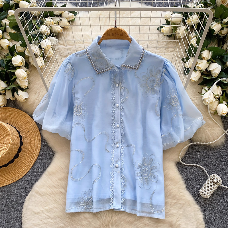 法式重工釘珠鑲鉆polo領燈籠袖上衣女夏季百搭別致亮片刺繡襯衫女