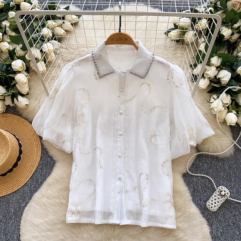 法式重工釘珠鑲鉆polo領燈籠袖上衣女夏季百搭別致亮片刺繡襯衫女