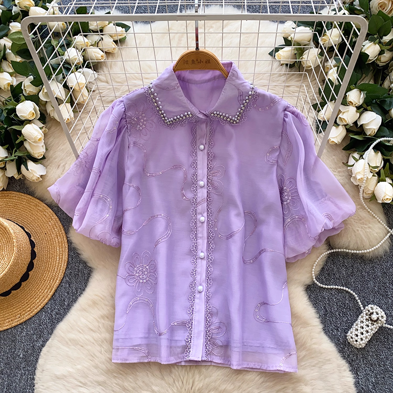法式重工釘珠鑲鉆polo領燈籠袖上衣女夏季百搭別致亮片刺繡襯衫女