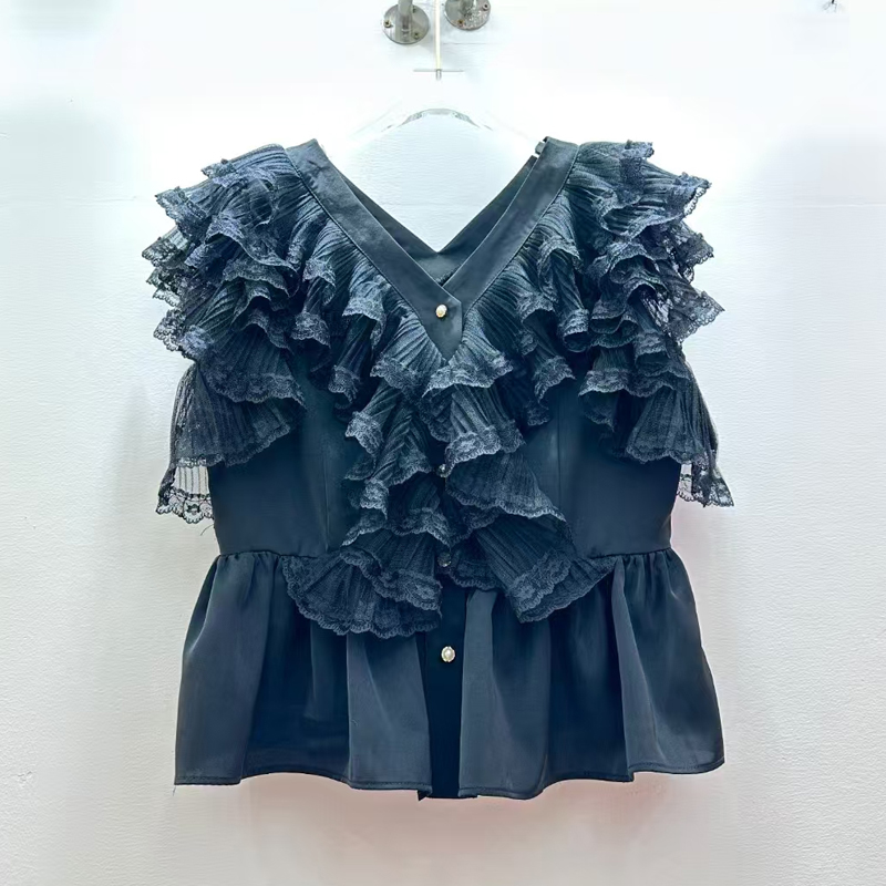法式小個子洋氣V領時尚小衫女2025夏季新款拼接蕾絲設計感上衣潮