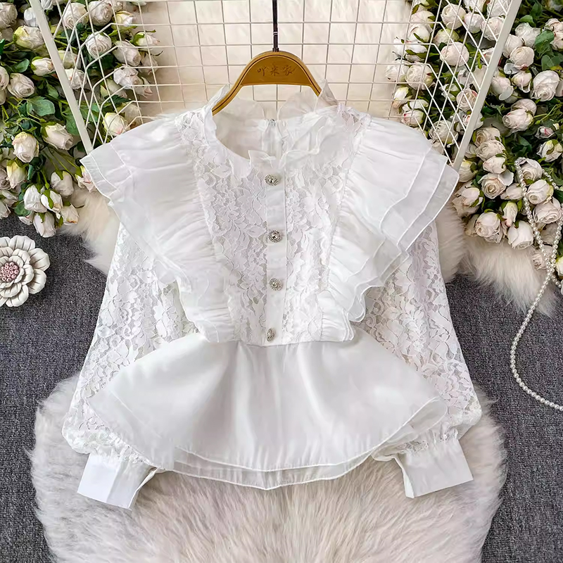 歐美重工蕾絲拼接立領襯衫女2025新款名媛收腰顯瘦蓬蓬荷葉邊上衣