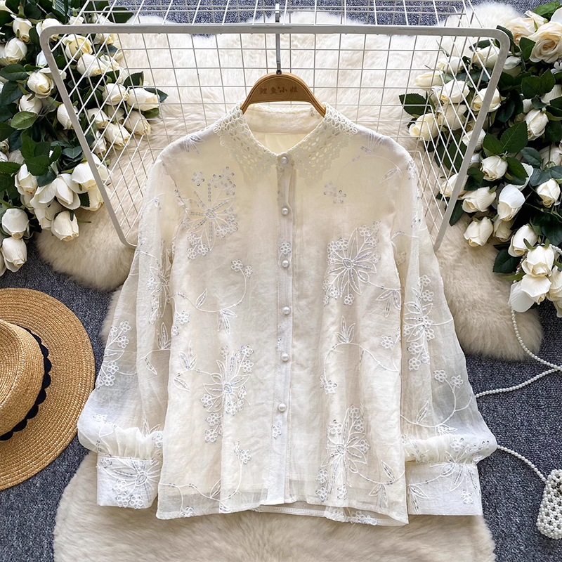 法式蕾絲polo領長袖襯衫女輕奢重工亮片刺繡單排扣休閑顯瘦上衣女