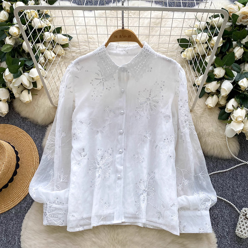 法式蕾絲polo領長袖襯衫女輕奢重工亮片刺繡單排扣休閑顯瘦上衣女
