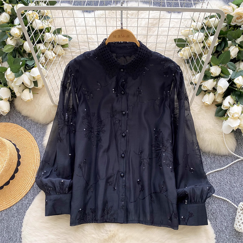 法式蕾絲polo領長袖襯衫女輕奢重工亮片刺繡單排扣休閑顯瘦上衣女