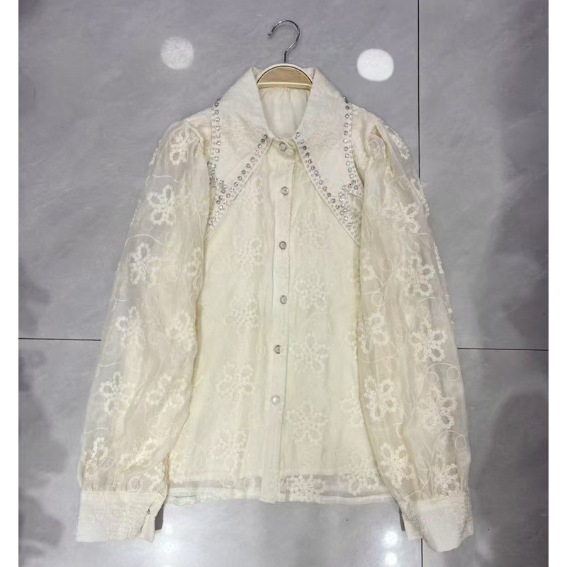 法式重工鑲鉆燈籠袖襯衫2025新款獨特別致洋氣減齡尖領刺繡上衣女