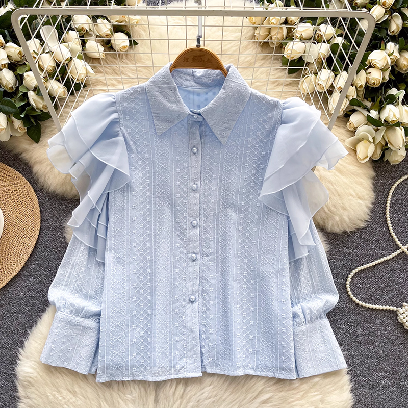 法式重工鏤空刺繡雪紡荷葉邊拼接長袖襯衫女洋氣百搭顯瘦別致上衣