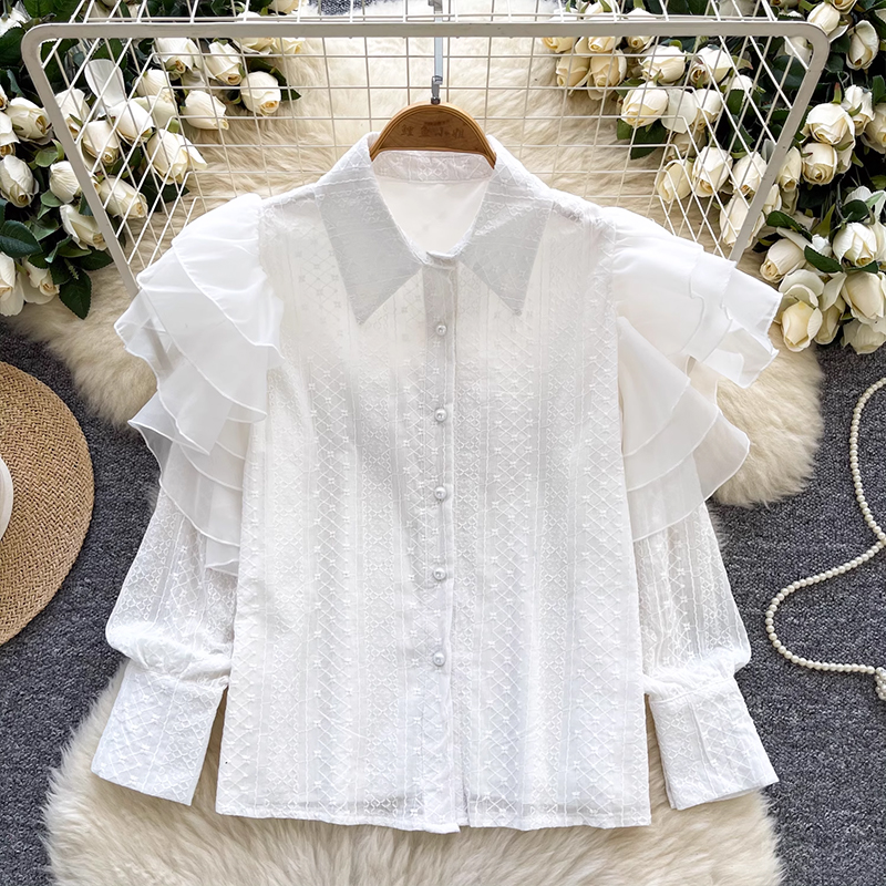 法式重工鏤空刺繡雪紡荷葉邊拼接長袖襯衫女洋氣百搭顯瘦別致上衣