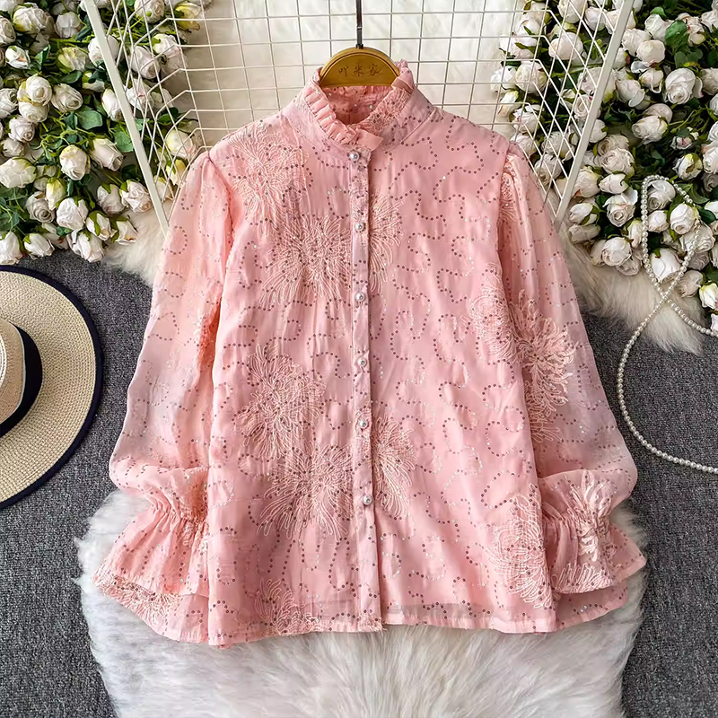 名媛輕奢重工刺繡亮片立領喇叭袖襯衫女夏季襯衣寬松顯瘦系帶上衣