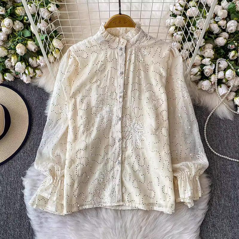 名媛輕奢重工刺繡亮片立領喇叭袖襯衫女夏季襯衣寬松顯瘦系帶上衣