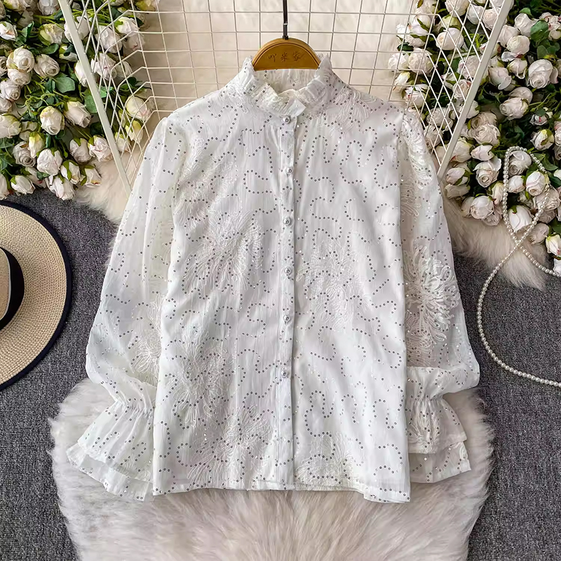 名媛輕奢重工刺繡亮片立領喇叭袖襯衫女夏季襯衣寬松顯瘦系帶上衣