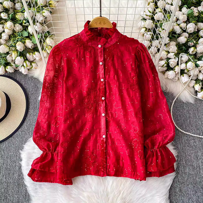 名媛輕奢重工刺繡亮片立領喇叭袖襯衫女夏季襯衣寬松顯瘦系帶上衣