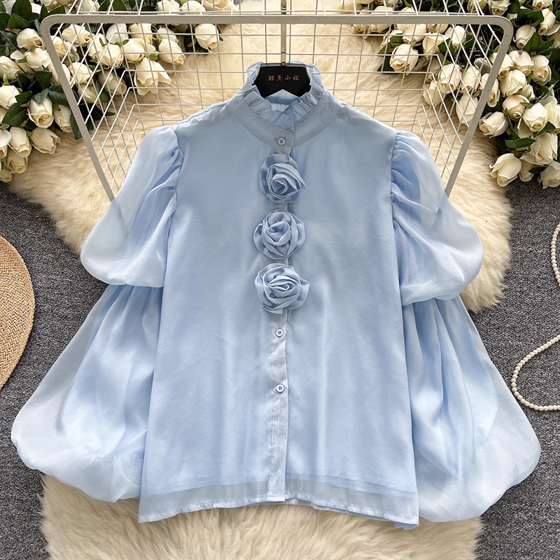 宮廷風立體花朵燈籠袖襯衫女法式高級感百搭顯瘦單排扣流光上衣女