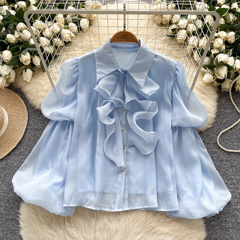 洋氣時髦宮廷襯衫女2025新款法式荷葉邊拼接燈籠袖單排扣網紗上衣