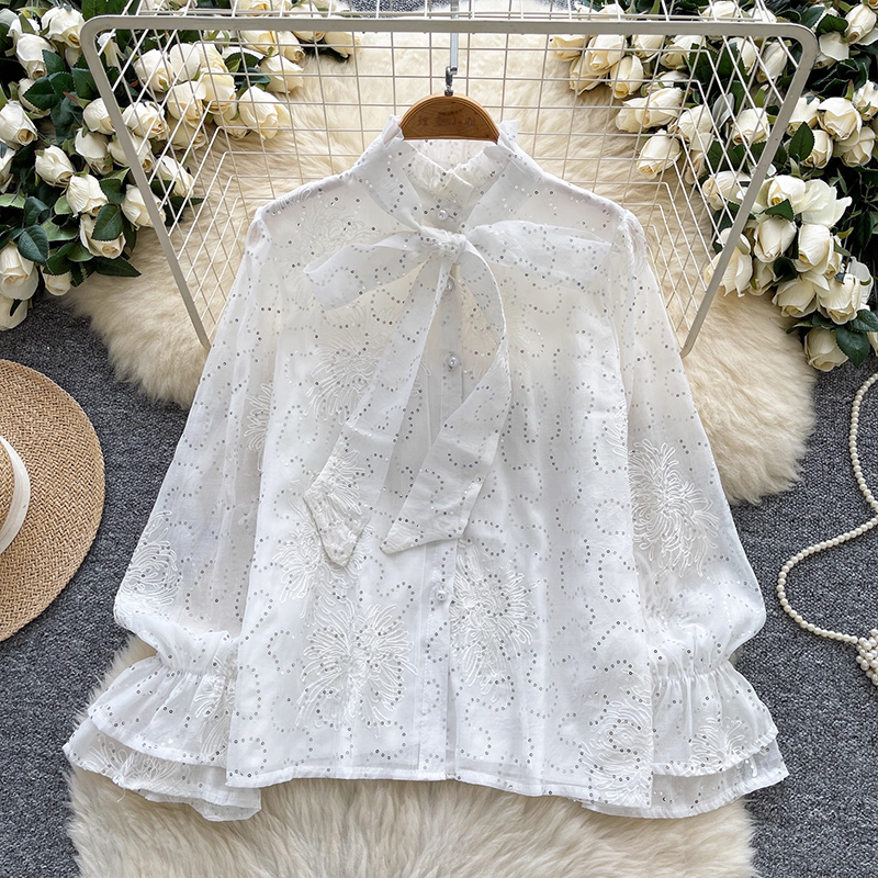 法式甜美宮廷風重工亮片刺繡蝴蝶結喇叭袖襯衫女百搭顯瘦打底上衣