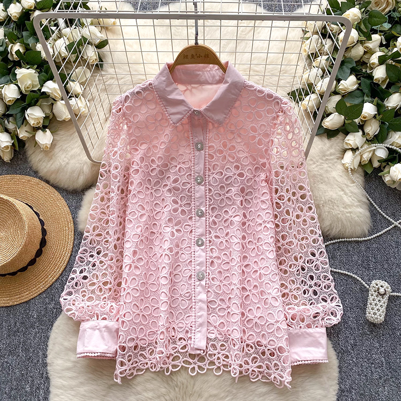 宮廷風重工鏤空鉤花刺繡蕾絲上衣女秋季法式百搭顯瘦單排扣襯衫潮