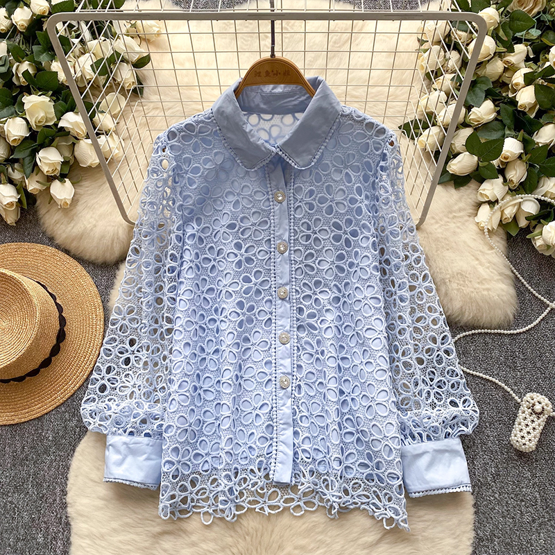 宮廷風重工鏤空鉤花刺繡蕾絲上衣女秋季法式百搭顯瘦單排扣襯衫潮
