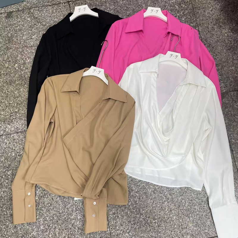 法式新款氣質蕩領簡約長袖襯衫女上衣襯衣
