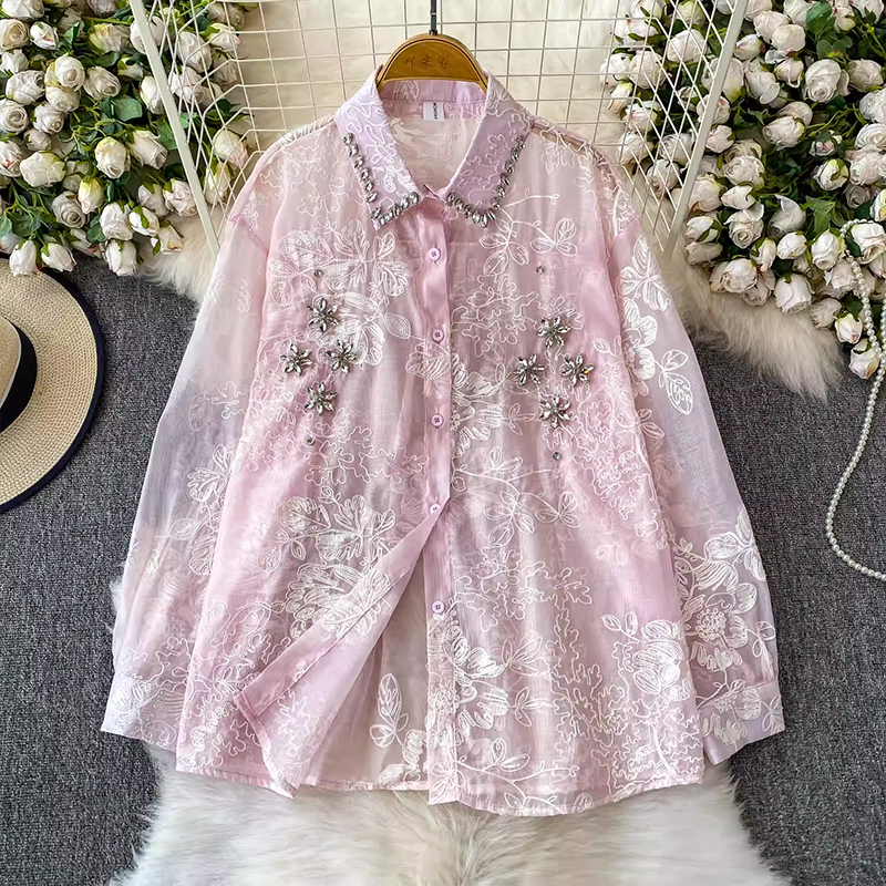 輕奢重工刺繡鑲鉆翻領長袖防曬襯衫女春夏季薄紗襯衣寬松顯瘦上衣