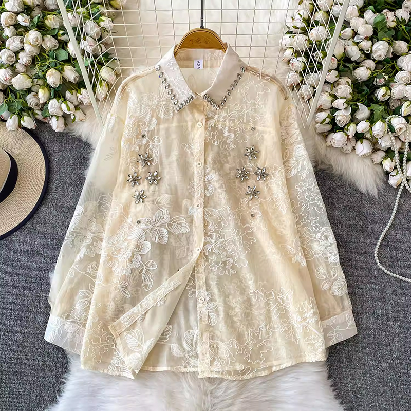 輕奢重工刺繡鑲鉆翻領長袖防曬襯衫女春夏季薄紗襯衣寬松顯瘦上衣