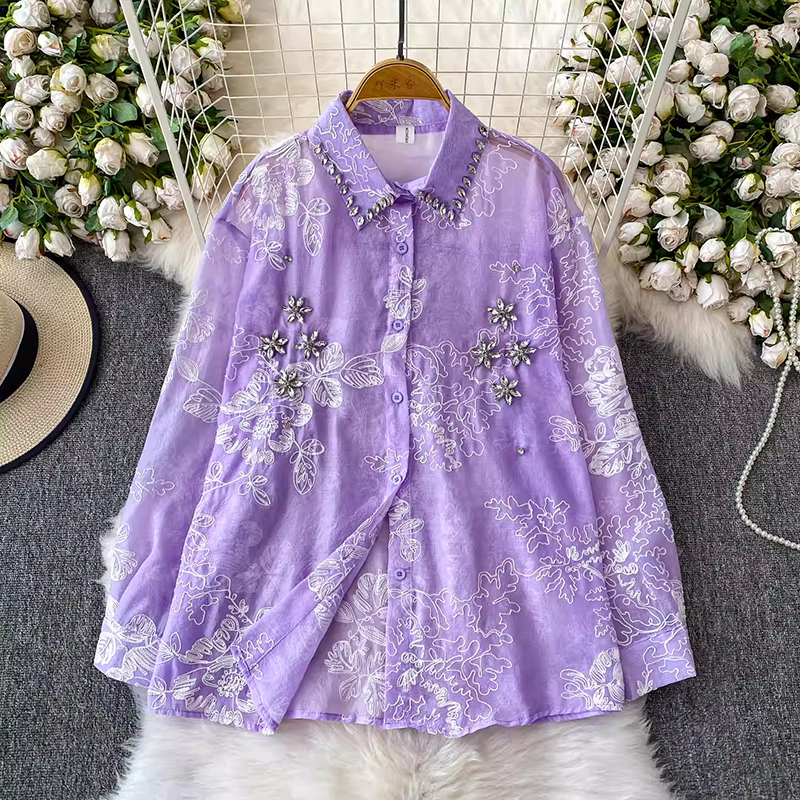 輕奢重工刺繡鑲鉆翻領長袖防曬襯衫女春夏季薄紗襯衣寬松顯瘦上衣