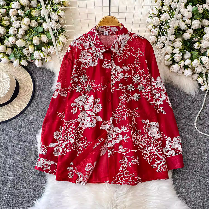 輕奢重工刺繡鑲鉆翻領長袖防曬襯衫女春夏季薄紗襯衣寬松顯瘦上衣