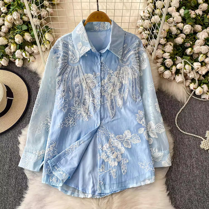 重工釘珠亮片刺繡翻領襯衫少女秋季洋氣減齡初戀襯衣法式復古上衣